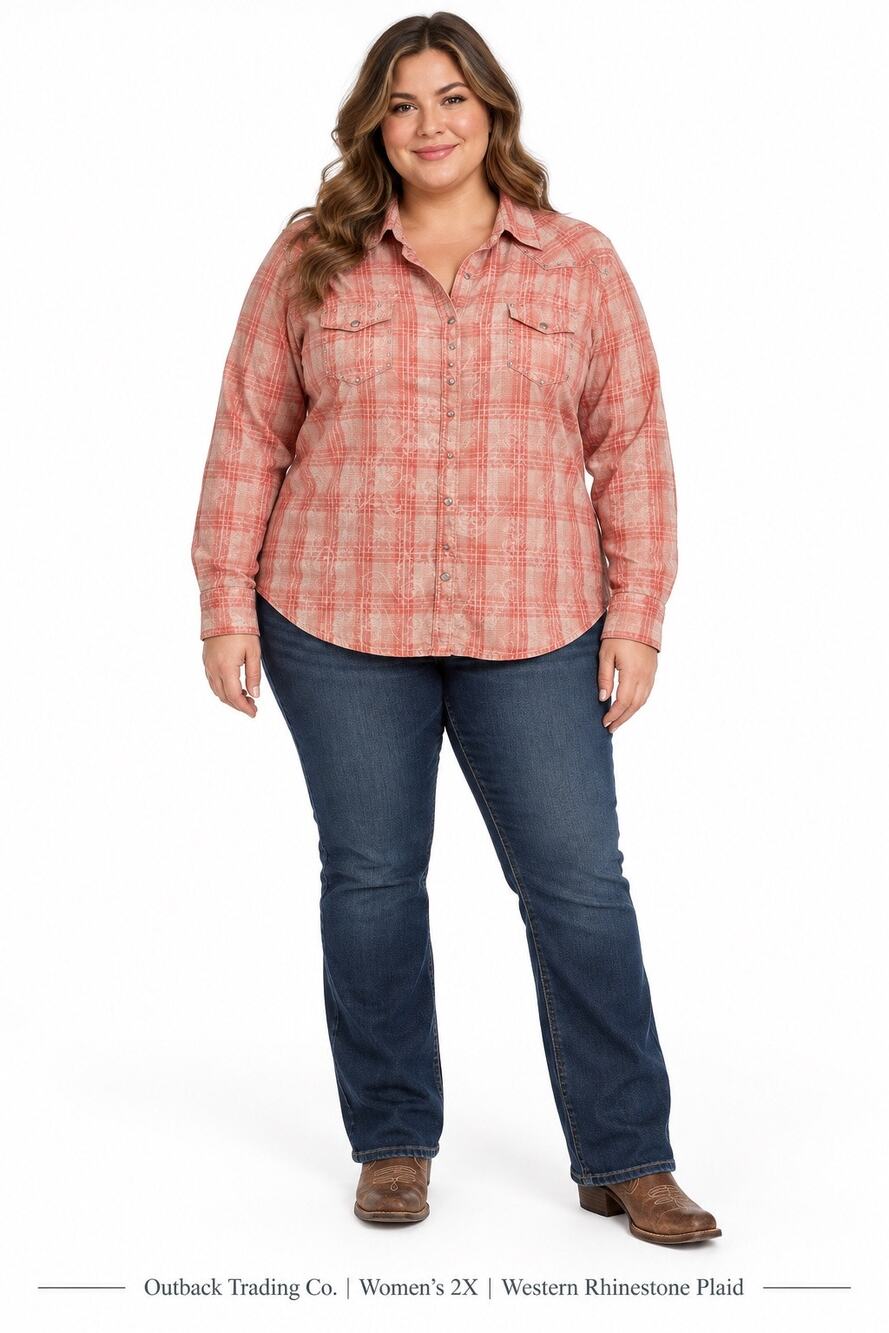 Outback Trading Shirt Womens 2X Coral Plaid Rhinestone Western Snap Front